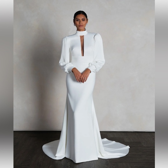 Justin Alexander High Neck Long Sleeve Fit and Flare Wedding Dress - Picture 1 of 9